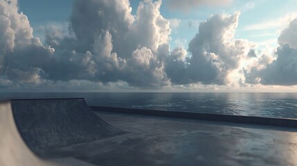 A skate park with a ramp, overlooking an expansive ocean under a cloudy sky