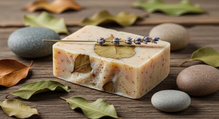 A bar of soap with leaves and lavender on a wooden surface with stones