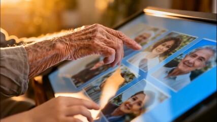 Intergenerational moments sharing family photos on a digital touchscreen