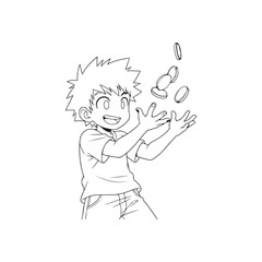 Anime boy happily tossing coins in the air with outstretched hands child