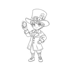 Fototapeta premium Anime boy dressed as a leprechaun holding a shiny gold coin child costume