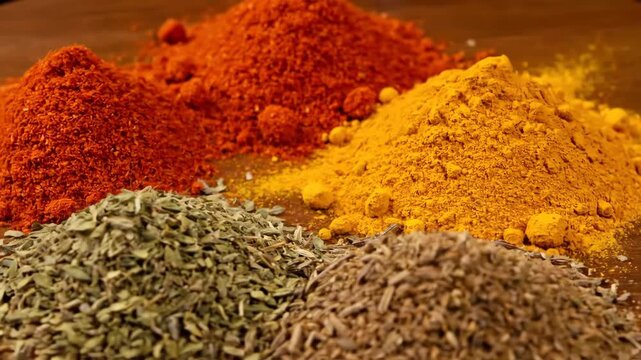 Assortment of colorful spices on a wooden surface, close-up