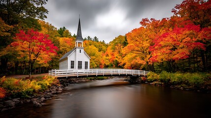 A small white church with a tall steeple, bridge over a calm river and colorful fall trees