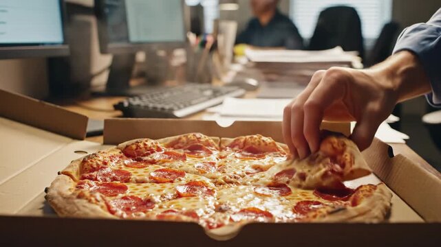 Pepperoni Pizza in Office - An open pizza box filled with a pepperoni pizza sits on a desk in an office. A hand reaches into the box to grab a slice.