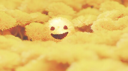 A smiling, glowing face amongst a sea of fuzzy, yellow objects, hinting at happiness