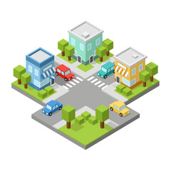 Isometric City Intersection with Buildings and Cars.