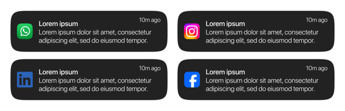 WhatsApp, Instagram, LinkedIn, and Facebook dark notification card mockup template featuring modern mobile alert UI design and editable rounded message bubble layout