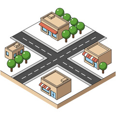 Isometric City Intersection with Buildings and Trees.