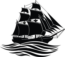 Black silhouette of a sailing ship on stylized waves © saju
