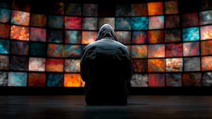 Anonymous figure in a dark room with multiple light sources creating mysterious shadows, dramatic atmospheric scene generated AI