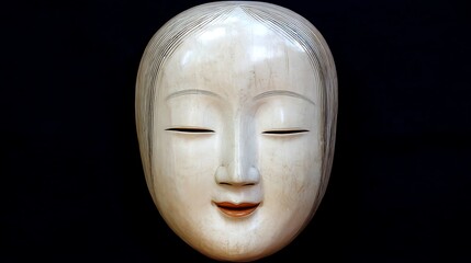A smooth, white, carved mask with closed eyes and a slight smile against a black backdrop