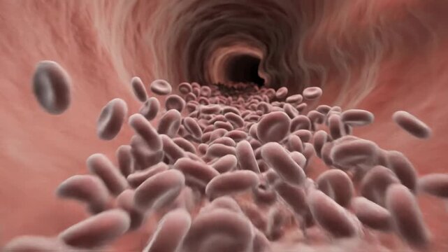 Red Blood Cells Flowing Through a Vein - An video of red blood cells flowing through the interior of a vein. The cells appear pinkish-red and are densely packed within the tunnel-like structure.
