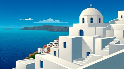 Obraz premium Bright white buildings overlook the blue sea in a stunning coastal scenery in Santorini, Greece during a sunny day