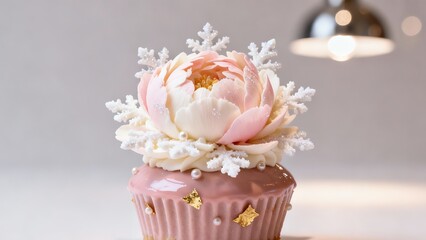 Luxury Vanilla Cupcake with Pink Glaze and White Fondant Winter Flower Decoration