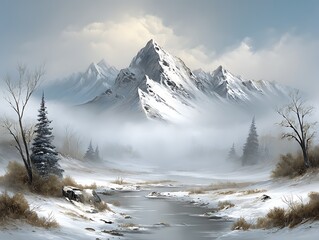 A snowy mountain range, with a stream and bare trees in a misty, wintery setting