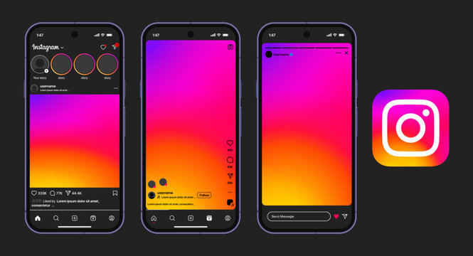 Instagram UI mockup template showcasing Instagram feed, Instagram reels, and story layout in dark mode with gradient background