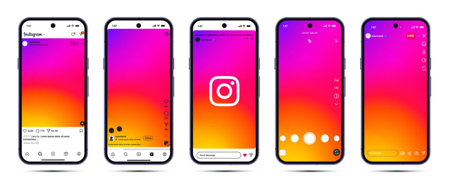 Instagram UI mockup template featuring Instagram feed, Instagram reels, story, camera and live interface with gradient background layout