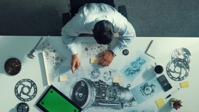 Top down view of skilled engineer writing and planning turbine engine design while sitting at meeting table with gear and electronic generator scatter around. Technician taking a note. Alimentation.