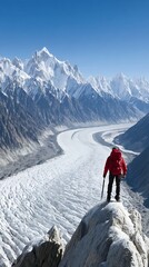 A solo climber surveys a glacial valley from a rocky peak under a brilliant, cloudless sky