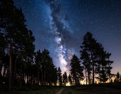 Night sky and trees beautiful view of the galaxy over a forest - Powered by Adobe