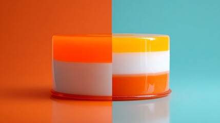 A split composition showing a cylindrical object bisected by vibrant colors, reflecting light
