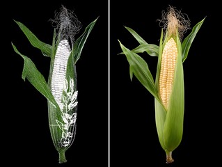 A split view shows a corn cob one a wireframe, the other real, both against black