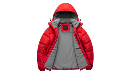 Red puffer jacket with hood open showing interior lining, winter outerwear for men or women, isolated on transparent background