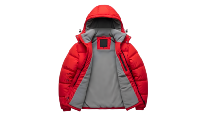 Red puffer jacket with hood open showing interior lining, winter outerwear for men or women, isolated on transparent background