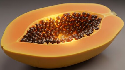 Half papaya fruit showing seeds close up on a gray background