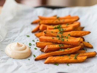 Crispy baked sweet potato fries garnished with herbs served with dip on parchment paper