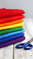 A stack of colorful folded fabric, representing a rainbow, beside a pair of scissors on wood