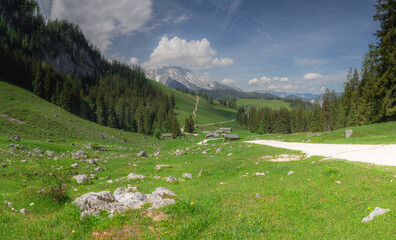 Fototapeta premium Mountain valley with tracks near Jenner mount in Berchtesgaden National Park