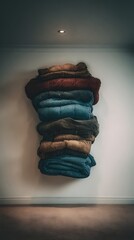 A stack of colorful, textured fabric art installation mounted on a blank white wall, well-lit