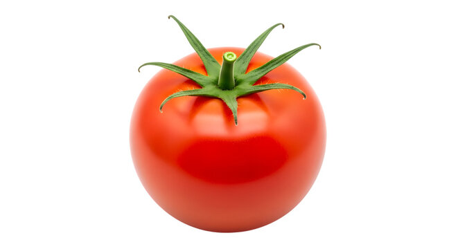 Fresh roma tomato close up with green stem and leaves isolated on transparent background