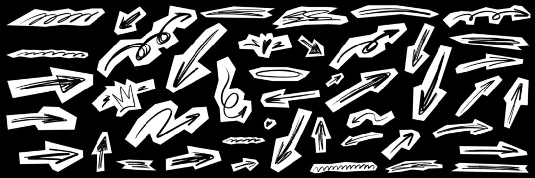 Handmade scrapbook arrow collection mixing bold scribble marks and rough paper textures. Arrow doodles, scrapbook pieces, sketched scribble trails and layered paper fragments create a crafty look.