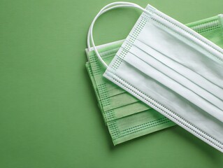 A stack of medical face coverings with green and white hues, arranged on a green surface
