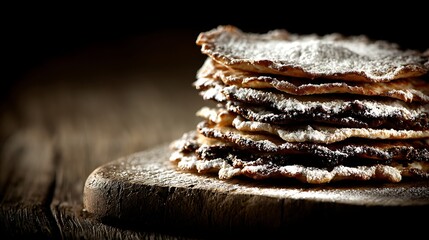 A stack of thin, circular, sugared pastries sits on a rustic wooden cutting board