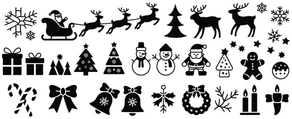 Christmas Holiday Icon Set – Santa, Reindeer, Gifts, Snowflakes, Trees, Bells, Wreaths, and Seasonal Symbols in Black Silhouette Style