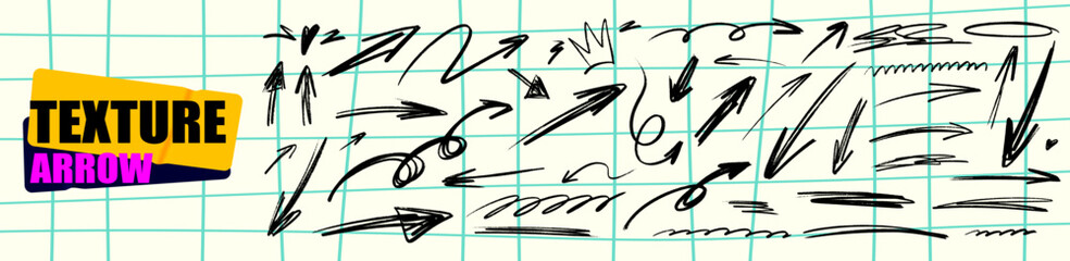 Vibrant arrow pack combining organic arrow curves, textured scribble edges, bright highlight pops, hand-drawn crayon shading and fluid brush lines, uniting crayon charm with brush flow and steady high