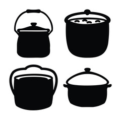 Set of various kitchen cooking pots and buckets in icon style