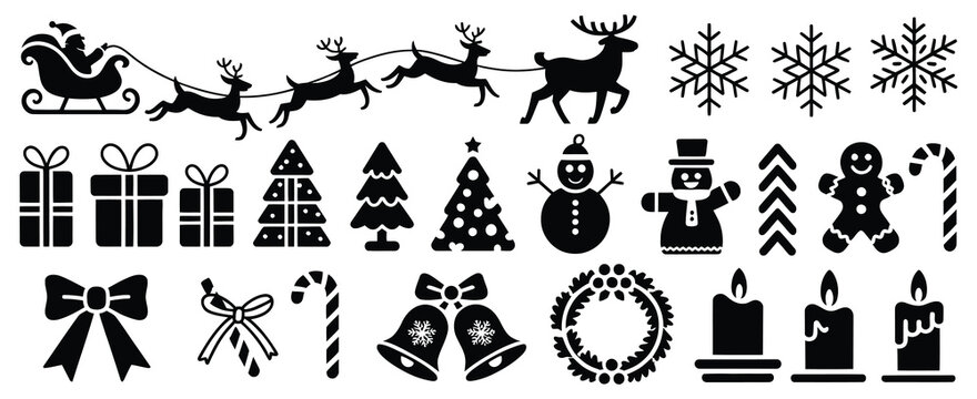 Christmas Holiday Icon Set &ndash; Santa, Reindeer, Gifts, Snowflakes, Trees, Bells, Wreaths, and Seasonal Symbols in Black Silhouette Style