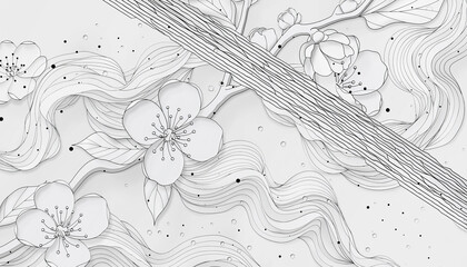 A delicate pencil sketch of blooming cherry blossoms with flowing lines and scattered dots.