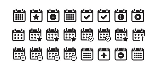 Set of calendar icons with check mark, star, minus, and cross symbols for scheduled events