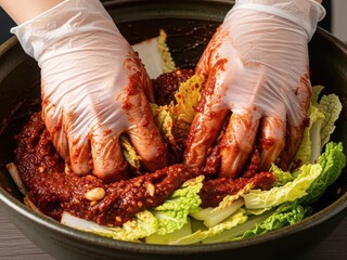 Hands in gloves preparing napa cabbage with spicy red paste for kimchi