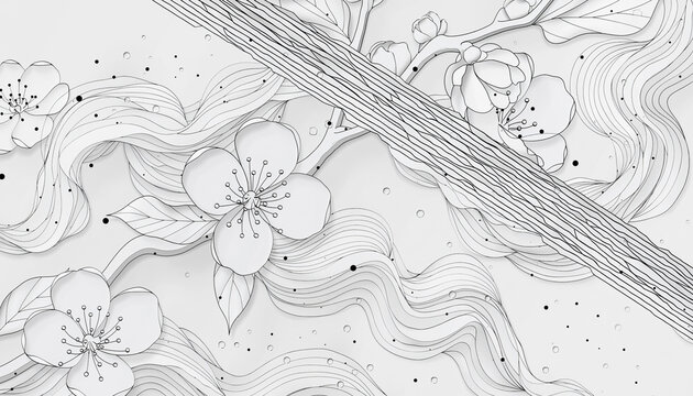 A delicate pencil sketch of blooming cherry blossoms with flowing lines and scattered dots. - Powered by Adobe
