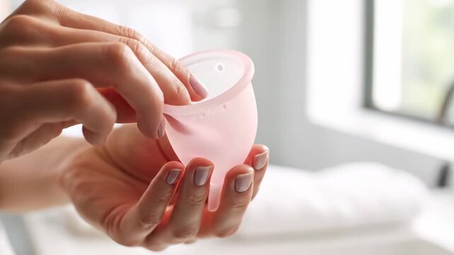 Woman Holding Reusable Menstrual Cup - Close-up shot of a woman's hands holding a pink reusable menstrual cup.