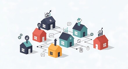 Fototapeta premium Isometric Connected Houses Representing Real Estate Network and Property Management.