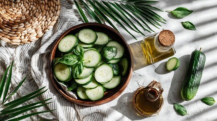 A still life of sliced cucumbers, basil, and oil, surrounded by leaves. Sunlight casts shadows