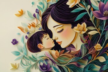 Stylized paper craft depiction showcases maternal affection amidst abundant foliage and blossoms