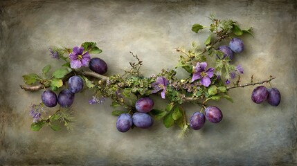 A still-life scene of a branch adorned with ripe plums and delicate purple blossoms